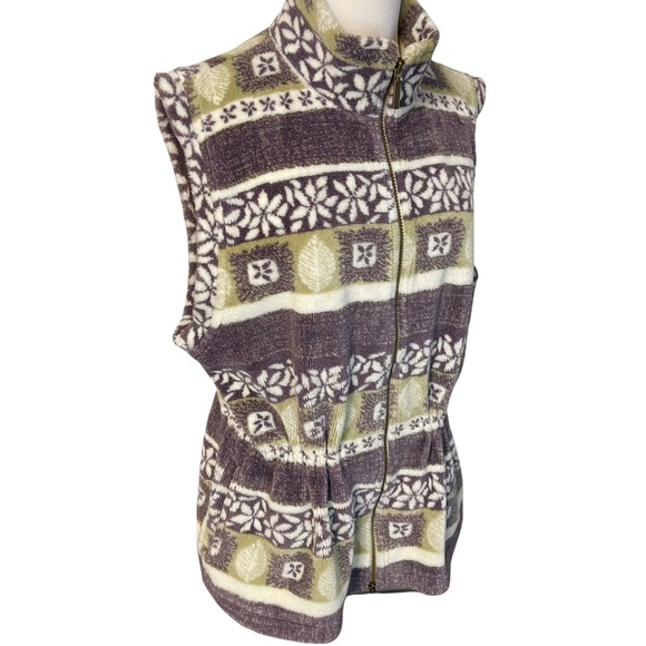 Vintage 80s 90s REI Fuzzy Cinch Waist Vest Leaf Motif Zip Front Size L - Picture 5 of 10